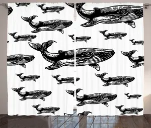 Штора ABAKUHAUS Жизнь в море в деревенском стиле с нарисованными вручную большими китами, универсальная тесьма для гостиной с петлями и крючками, 280 x 225 см, белая и черная Abakuhaus