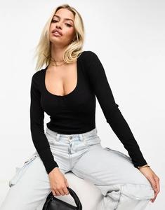 Черное боди в рубчик с длинными рукавами и отрезным вырезом ASOS