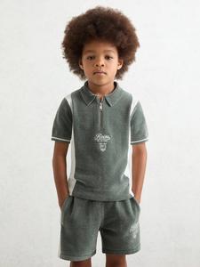 Детская поло Walter с аппликацией из мохера в виде машинок Reiss, Sage Green/White