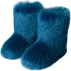 Женские зимние ботинки с искусственным мехом, теплые снежные ботильоны, пушистые ботинки до середины голени, удобные уличные плоские туфли NIGXWNS, 7.5 Blue