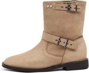 Женские замшевые ботильоны на низком массивном каблуке с пряжкой, ретро с круглым носком, мягкая кожа, без застежки, модные комфортные вестерн-ботинки в стиле ковбой GLBDU, Apricot