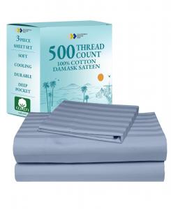 Комплект постельного белья из 3 предметов, сатиновое плетение с очень длинными волокнами (500 нитей на дюйм), размер Twin XL California Design Den, Light blue striped