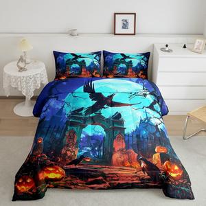 Erosebridal Комплект постельного белья Happy Halloween с принтом призраков, пауков и тыкв в готическом стиле, Daffodil Yellow Blue