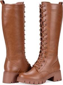 Женские сапоги Vepose 953 до колена с высокой платформой и широким каблуком, шнуровка, готические панк-сапоги для платьев и джинсов, Brown Pu