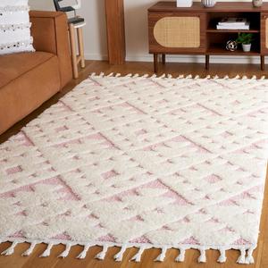 Ковер SAFAVIEH, 201 x 201 см, Moroccan Tassel Shag Collection квадратный, Ivory & Pink, современный дизайн, идеален для помещений с высокой проходимостью в спальне, столовой и кухне (MTS688U-7SQ)