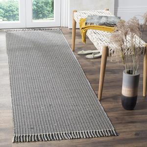 Ковер-дорожка SAFAVIEH, 69 x 488 см, Montauk Collection, Ivory & Navy, ручной работы, плоское плетение, бохо-кантри, хлопок, с бахромой-кисточками, идеально для помещений с высокой проходимостью в гостиной, спальне (MTK340B)