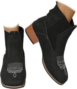 Женские ковбойские сапоги Ковбойские ботильоны с вышивкой, заостренным носком, вырезами, на массивном каблуке, короткие ботинки для езды на лошади, кантри-концертов ZJWBB, Black