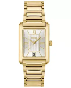 Мужские кварцевые часы с базовым календарем, тонкими золотыми стальными часами с ионным покрытием, 28 x 39 мм Hugo Boss, gold-tone