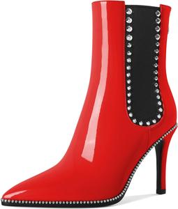 Женские ботильоны SAMMITOP с заостренным носком, на шпильке, челси, модные серебристые с заклепками, короткие туфли с задней молнией, каблук 10 см