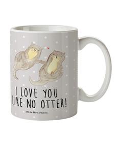 Детская кружка с изображением выдры в руках и надписью в пастельно-сером цвете Mr. & Mrs. Panda