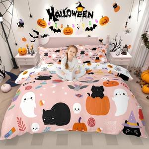 Erosebridal Комплект постельного белья Happy Halloween с принтом тыквы, летучих мышей и паутины в розовом цвете, Multi 02