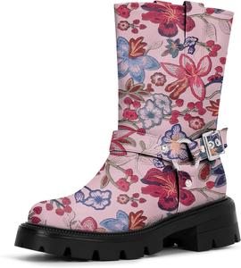 Женские ботильоны на массивном каблуке с круглым носком, средней высоты, с пряжкой и платформой, байкерские Yowmns, Pink Flower