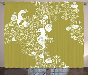 Штора ABAKUHAUS "Ракушки" в деревенском стиле, с завитком и морским коньком, универсальная тесьма для гостиной с петлями и крючками, 280 x 245 см, цвет: желтый, зеленый, белый Abakuhaus