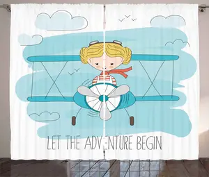 Штора ABAKUHAUS Adventure Rustic, Милая девочка в самолете, универсальная ленточная штора для гостиной с петлями и крючками, 280 x 225 см, темно-коралловый, нежно-голубой, желтый