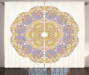 Штора ABAKUHAUS Mandala Rustic, винтажный цветочный узор в стиле рококо, универсальная ленточная штора для гостиной с петлями и крючками, 280 x 225 см, горчично-голубой потолок Abakuhaus