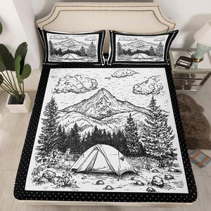 Erosebridal Комплект постельного белья Happy Camping с принтом лесные горы деревья геометрические точки натуральный черный серый, Black Grey