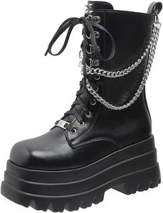 Женские готические боевые ботинки с боковой молнией, платформой, массивной танкеткой, средней высоты, на шнуровке с цепочкой и пряжкой, панк-мотоциклетные ботинки ZPRGZPG, Black