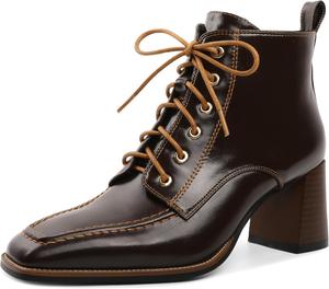 Женские ботильоны на шнуровке с массивным каблуком, квадратным носком и боковой молнией, каблук 7 см Jaffamiraco, Brown