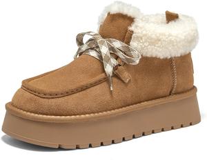 BEAU TODAY Женские зимние снежные ботинки, ботильоны с меховой подкладкой для женщин, теплые ботинки, массивная платформа, шнуровка, замшево-кожаные нескользящие теплые зимние ботинки, Brown