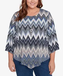 Классический топ размера плюс с объемным принтом и фактурным шевронным узором, круглым вырезом Alfred Dunner, мультиколор