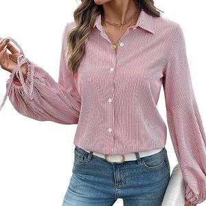 Женская блузка с полосками, воротником на пуговицах и пышными рукавами Clearflower