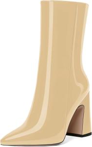 Женские модные ботильоны JUSTDANNI с молнией, для свадьбы и повседневной носки, с острым носком, лаковой отделкой, на высоком блочном каблуке, 4 дюйма, Beige