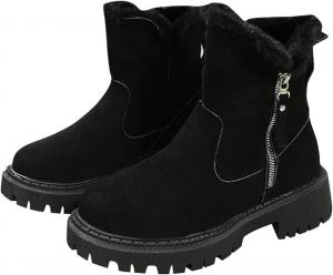 Женские зимние флисовые снегоходные сапоги, женские замшевые ботильоны на утолщенном каблуке с боковой молнией, повседневная удобная обувь для прогулок на осень и зиму Generic, Black