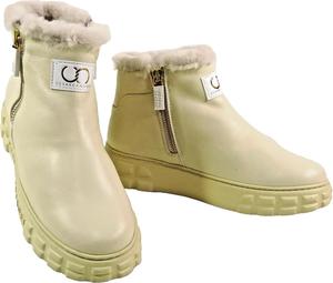 Зимние люксовые ботинки-анклет Casadei Cesare, белая кожа цвета слоновой кости с меховой отделкой, золотая молния, массивная платформа