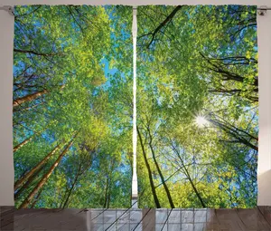 Штора ABAKUHAUS Рустикальный лес, Небо вечнозеленого заповедника, присборенная тесьма для спальни с петлями и крючками, 280 x 225 см, цвет Папоротниковый зеленый, темно-голубой Abakuhaus