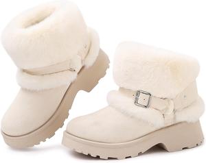 Женские сапоги на платформе, до щиколотки, с низким каблуком, зимние сапоги с модной пряжкой, слипперы, удобные, для улицы, короткие ботильоны Goldnut, 2-Beige