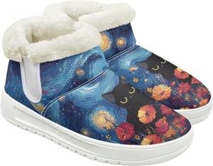 Зимние женские ботинки, утепленные флисом, теплые короткие ботильоны для улицы, противоскользящие и удобные Hechitok, Starry Night Cat