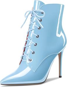 Женские ботильоны Aachcol с коротким голенищем, заостренным носком, стойкой на шпильке средней высоты, лакированные, с молнией и шнуровкой, сексуальные, каблук 4 дюйма, Sky Blue