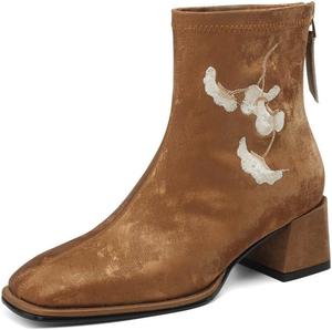 Женские ботильоны TinaCus ручной работы из натуральной кожи с квадратным носком, застежкой-молнией, вышивкой и массивным каблуком, Caramel