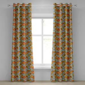 Штора на люверсах ABAKUHAUS "Урожай", с рисунком овощей на фермерскую тематику, тыкв и подсолнухов, декоративная, двухпанельная, 280 см x 245 см, цвет: оранжевый, желтый, светло-голубой