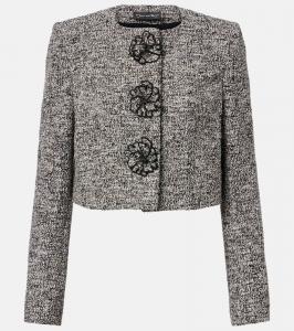 Жакет из твида с цветочной аппликацией и хлопком в составе Oscar de la Renta, Black/Ivory