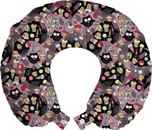 Подушка для шеи ABAKUHAUS "Сова", Crazy Birds Tasty Cupcakes, дорожный аксессуар из пеноматериала для самолета и автомобиля, 30 x 30 см, разноцветная Abakuhaus