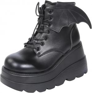 Женские готические боевые ботинки на платформе с крыльями летучей мыши, шнуровкой и ремешками с пряжками, ботильоны на массивной платформе с заклепками, модные мото-ботинки Maimeili, Bat Wings Black