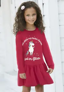 KIDSWORLD трикотажное платье "Единорог" с надписью, красный
