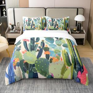 Erosebridal Комплект постельного белья из 100% хлопка с тропическим кактусовым принтом в зелёных и красных тонах, Green Red