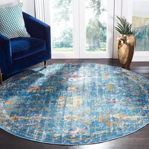 Ковер SAFAVIEH, 196 x 196 см, Aria Collection Round Blue/Multi ARA169B в стиле бохо с эффектом потертости, не линяет, для столовой, прихожей, гостиной, спальни