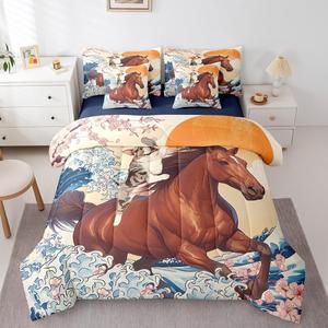 Erosebridal Комплект постельного белья Funny Anime с японской сакурой и морскими животными, Navy Blue Beige Brown