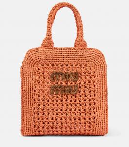 Маленькая сумка-шоппер из рафии Miu Miu, Tulipano+Cognac