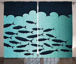 Штора ABAKUHAUS Рыба в деревенском стиле, сюрреалистическая морская тема, присборенная штора для спальни с петлями и крючками, 280 x 245 см, бирюзовый цвет Abakuhaus