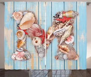 Штора ABAKUHAUS Буква M в деревенском стиле, акватическая тематика, универсальные ленточные шторы для гостиной с петлями и крючками, 280 x 175 см, цвет: темно-коралловый, светло-голубой Abakuhaus