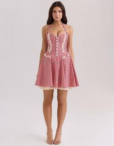 Мини-платье House of CB Heidi из хлопка с халтер-воротником в красную клетку