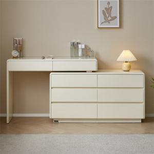 Quanu Комод для спальни из массива дерева, 6 ящиков, выдвижной туалетный столик, в цвете off-white