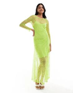 Платье макси из прозрачного кружева с длинными рукавами цвета лайма