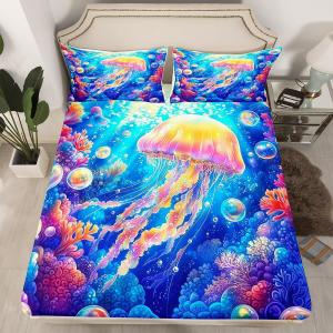 Erosebridal Детский комплект постельного белья Cartoon Jellyfish с морскими животными и коралловым рифом, Yellow Blue