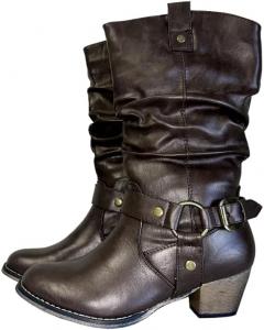 Generic Женские сапоги до середины икры, свободного кроя, с западной пряжкой, на невысоком каблуке, черные и коричневые, искусственная кожа