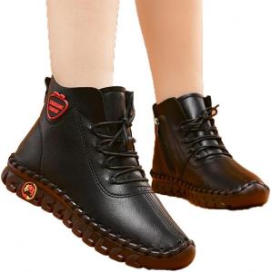 Женские кожаные теплые шерстяные ботинки с ручной строчкой, утепленные хлопком, на щиколотку? Зимние мягкие ботинки с нескользящей водонепроницаемой подошвой, повседневные снегоступы ELSHTIDE, Black